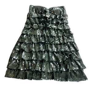 FOREVER 21 Silver Sequin All Over Tube Sweetheart Mini Tiered Dress Strapless L